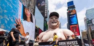 #VIDEO // Instalan un Elon Musk gigante para protestar contra la pornografía infantil generada por su IA