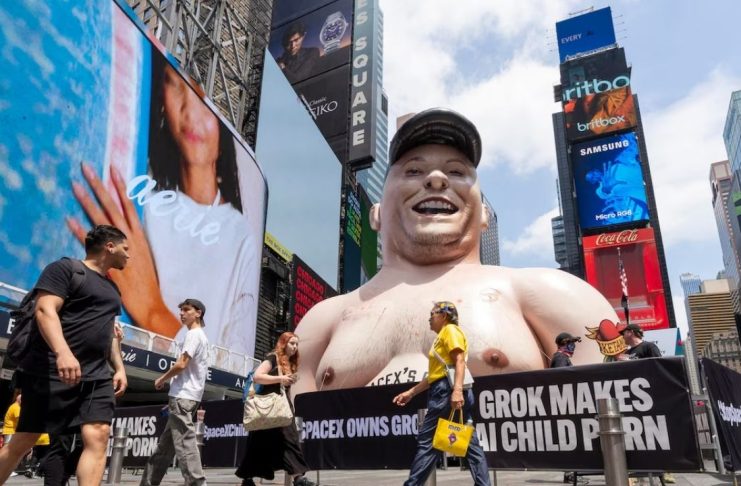 #VIDEO // Instalan un Elon Musk gigante para protestar contra la pornografía infantil generada por su IA
