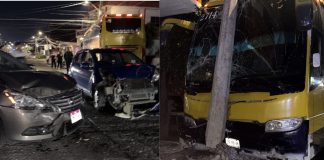 Autobús sin frenos choca contra vehículos y un poste de la CFE, en Uruapan