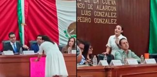 #VIDEO // Regidora de Morena escribe “inmoviliario” durante protesta y desata burlas en Aguascalientes