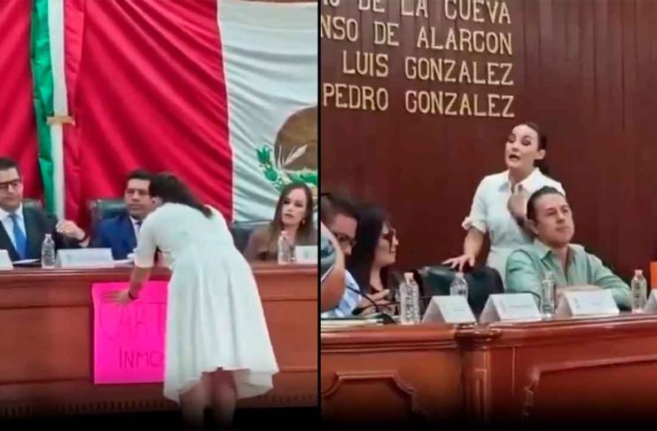 #VIDEO // Regidora de Morena escribe “inmoviliario” durante protesta y desata burlas en Aguascalientes