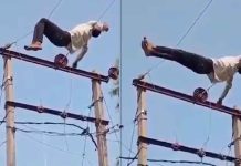 #VIDEO // Sujeto ebrio sube a un poste y se duerme sobre cables de alta tensión en la India