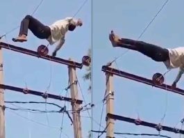 #VIDEO // Sujeto ebrio sube a un poste y se duerme sobre cables de alta tensión en la India