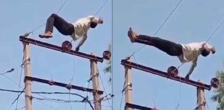 #VIDEO // Sujeto ebrio sube a un poste y se duerme sobre cables de alta tensión en la India