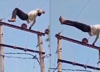 #VIDEO // Sujeto ebrio sube a un poste y se duerme sobre cables de alta tensión en la India