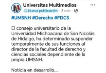 Suspenden temporalmente al director de la Facultad de Derecho de la UMSNH por presunto proselitismo político