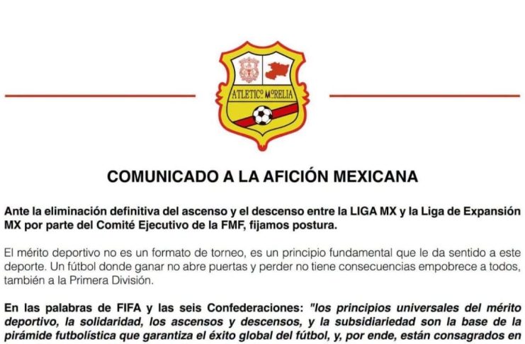 Atlético Morelia fija postura contra la eliminación definitiva del ascenso y descenso en el futbol mexicano