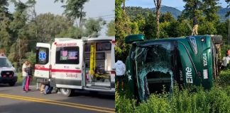 Preliminar, 10 heridos deja volcadura de un autobús, sobre la carretera Uruapan-Paracho