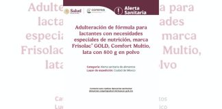 Alerta Cofepris sobre comercialización de lotes adulterados de fórmula infantil Frisolac®️