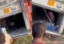 #VIDEO // Mujer sufre severo golpe en el rostro tras robar en tráiler volcado en Villa de Reyes, San Luis Potosí