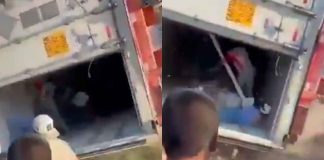 #VIDEO // Mujer sufre severo golpe en el rostro tras robar en tráiler volcado en Villa de Reyes, San Luis Potosí