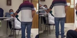 #VIDEO // Enfermera del IMSS-Bienestar toma los signos a paciente parado mientras ella permanece sentada