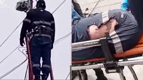 #VIDEO // Trabajador sufre descarga eléctrica y queda colgado de un poste en Ecuador