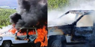 Camioneta arde en llamas a la orilla de la carretera Purépero-Tlazazalca