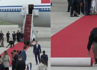 #VIDEO // Soldados de EE. UU. se arrodillan para alisar alfombra roja a Xi Jinping; desatan críticas