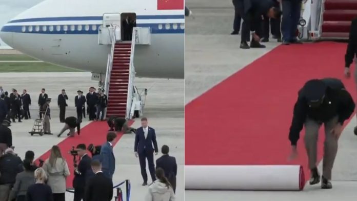 _Soldados de EE. UU. se arrodillan para alisar alfombra roja a Xi Jinping