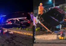 Dos sujetos hombres quedan prensados al chocar su camioneta contra glorieta, en Zamora