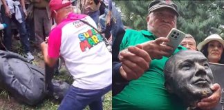 #VIDEO // ¡A punta de golpes! Así decapitaron manifestantes del SME la estatua de Felipe Calderón en Los Pinos