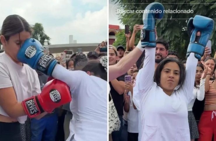 Futura enfermera sorprende con sus habilidades de boxeo para ganar mil 500 pesos Joven estudiante de enfermería durante un reto de boxeo callejero organizado por un creador de contenido en la Ciudad de México.