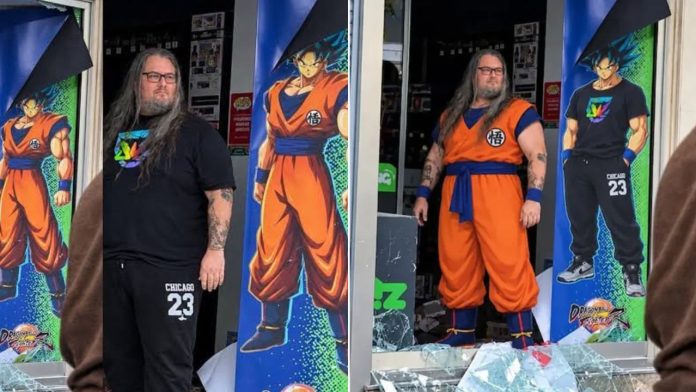 Gerente de la tienda Micromania defendiendo su local durante las protestas en Niza, Francia, alineado con un póster de Goku.