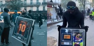 #VIDEO // Roban artículos de colección de Lionel Messi durante saqueos en París Dos sujetos encapuchados exhiben una playera y un brazalete de capitán del Barcelona firmados por Lionel Messi tras ser robados durante las protestas en París.