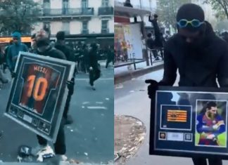 #VIDEO // Roban artículos de colección de Lionel Messi durante saqueos en París Dos sujetos encapuchados exhiben una playera y un brazalete de capitán del Barcelona firmados por Lionel Messi tras ser robados durante las protestas en París.