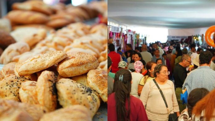 Variedad de pan de muerto y piezas tradicionales exhibidas durante el cierre de la Feria del Pan en la Plaza Valladolid de Morelia.