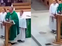 #VIDEO // Inesperado visitante: Sacerdote salta de miedo al ver una rata en pleno altar
