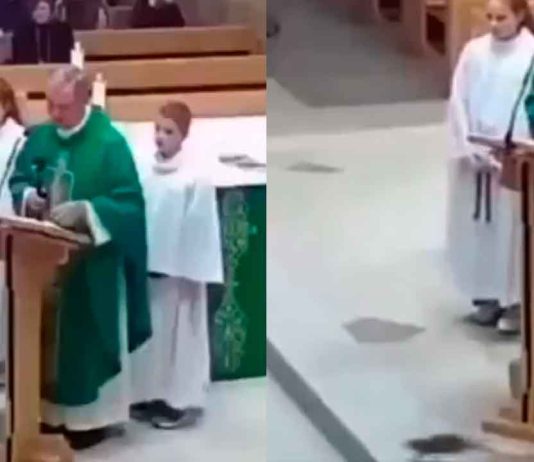 #VIDEO // Inesperado visitante: Sacerdote salta de miedo al ver una rata en pleno altar
