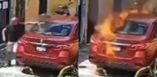 #VIDEO // ¡En cuestión de segundos! Captan momento exacto en que incendian un auto en Guanajuato