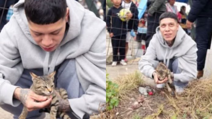 El rapero Ángel Quezada, conocido como Santa Fe Klan, interactuando con Toribio, el pequeño gato callejero que decidió llevarse a casa.