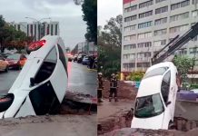 #VIDEO // Auto cae en socavón frente a hospital del IMSS en CDMX; no hay lesionados
