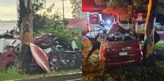 Choque de auto contra árbol en el Libramiento Norte de Morelia deja un muerto y un herido