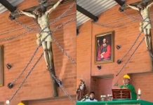 #VIDEO // Aseguran a Cristo con cadenas tras accidentes de sacerdotes Un Cristo de madera asegurado con gruesas cadenas para evitar accidentes en la iglesia.