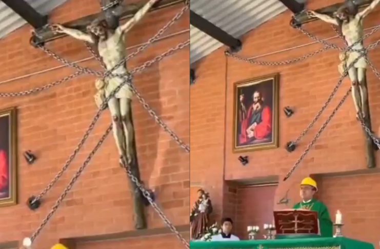 #VIDEO // Aseguran a Cristo con cadenas tras accidentes de sacerdotes Un Cristo de madera asegurado con gruesas cadenas para evitar accidentes en la iglesia.
