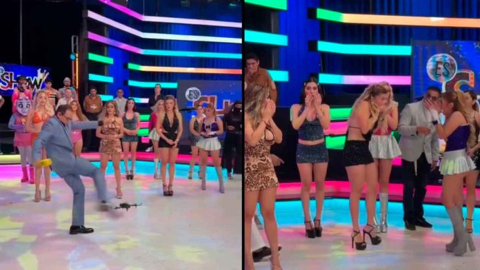 ernesto-chavana-patea-dron-golpea-modelo-es-show Instante en que el conductor Ernesto Chavana patea un dron durante la transmisión del programa Es Show.