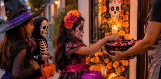 ¿Halloween o Día de Muertos? Esta es la fecha en que los niños salen a pedir dulces en México Niños disfrazados pidiendo dulces durante las festividades de Halloween y Día de Muertos en México.