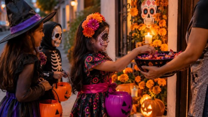 fechas-pedir-dulces-calaverita-halloween-dia-muertos-mexico Niños disfrazados pidiendo dulces durante las festividades de Halloween y Día de Muertos en México.