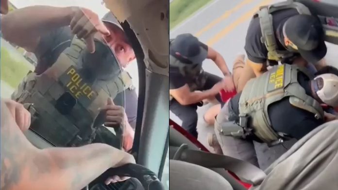 Momento en que agentes de ICE someten contra el pavimento al ciudadano estadounidense José Reyes en Donna, Texas.