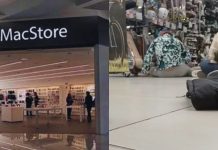 Grupo armado irrumpe a plena luz del día en MacStore de Vía San Ángel Clientes resguardándose en el suelo del centro comercial Vía San Ángel en Cholula durante el asalto armado a una tienda MacStore.
