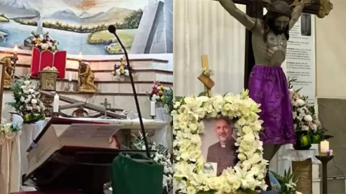 Ceremonia de velación y misa del sacerdote Patricio Sánchez en la iglesia del Perpetuo Socorro en Guayaquil, Ecuador, con el altar rodeado de arreglos florales blancos.