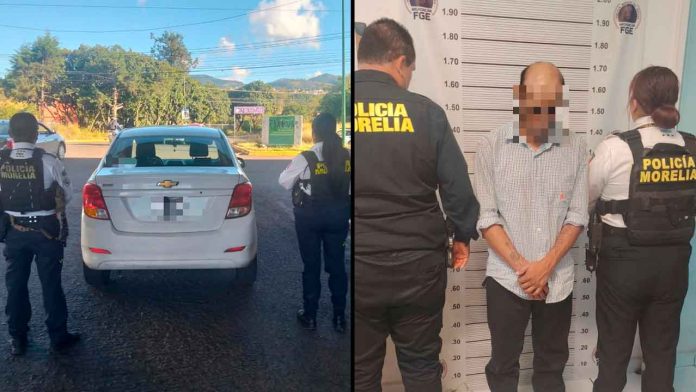 policia-morelia-asegura-auto-robado-patzcuaro Patrulla de la Policía Morelia resguarda un automóvil Chevrolet Beat recuperado tras un operativo de seguridad sobre la antigua carretera a Pátzcuaro en Michoacán.
