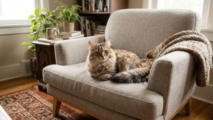 Gato doméstico descansando en el hogar, en el marco de la conmemoración del Día del Gato el 29 de octubre.